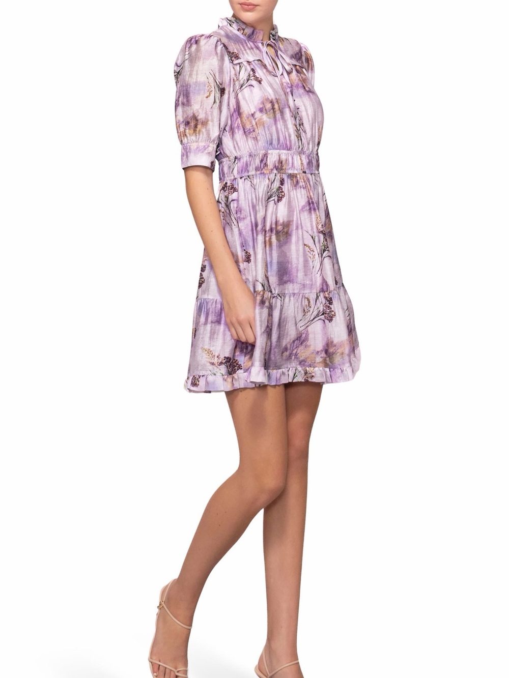 MELLODAY Lilac Floral Tie-Neck Tiered Mini Dress